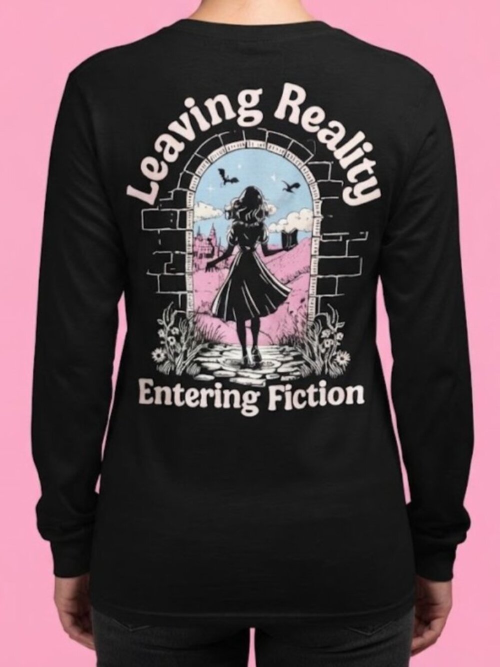Black Long-Sleeve Tee with 'Leaving Reality Entering Fiction' Graphic
